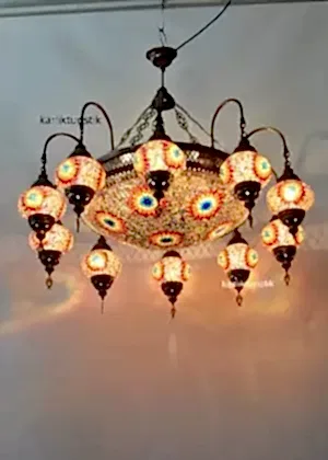 Mozaik Avize 10 Kollu Sarkıt Rustik Tavan Lambası Renkli Osmanlı Avize I-S-C-5333
