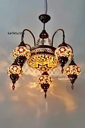 Mozaik Avize 5 Kollu Sarkıt Rustik Tavan Lambası Renkli Osmanlı Avize I-S-C-5330