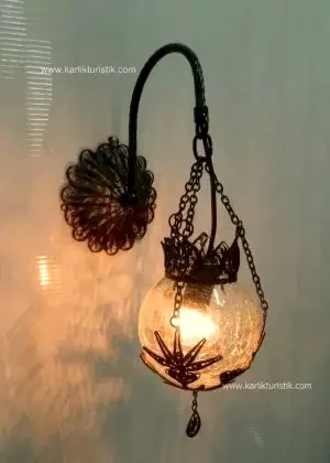 Otantik Duvar Lambası Minik Top Camlı Telkari Lamba