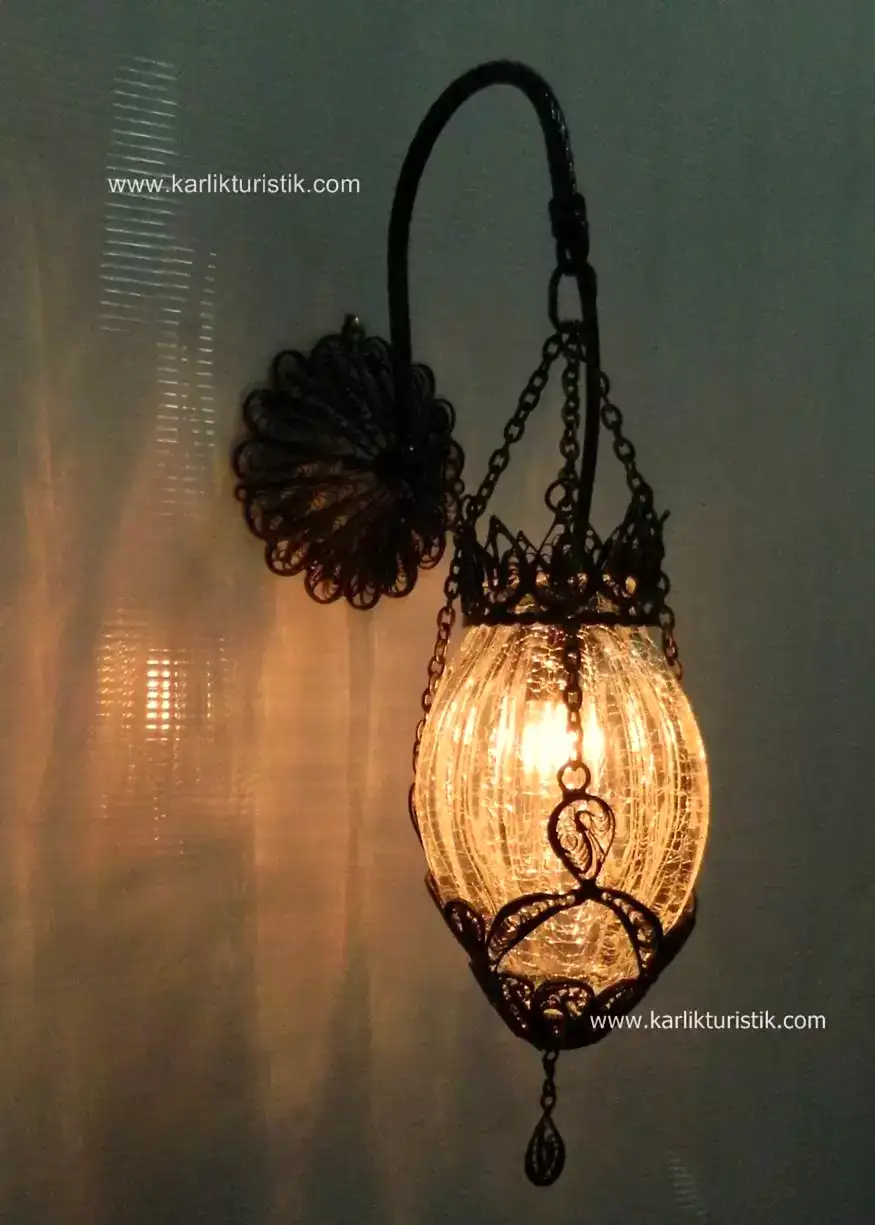 Osmanlı Duvar Lambası Şimşek Camlı 3 zincir Telkari APLİK Otantik11