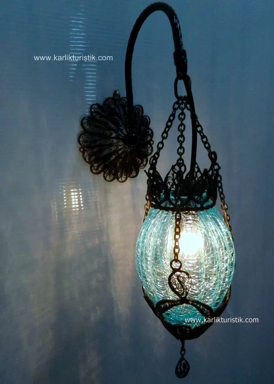 Osmanlı Duvar Lambası Şimşek Camlı 3 zincir Telkari APLİK Otantik41
