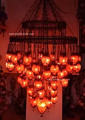 Osmanlı BÜYÜK SARKIT AVİZE EL İŞİ  LAMBA TELKARİ 57 Lİ ÜFLEME ŞİMŞEK CAMLI F-L-C-912