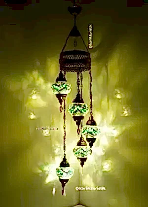 Türk Lambaları , Mozaik  Avize 5 li Helezon Metal Sıvama Otantik Aydınlatma orjinal I-S-C-5304