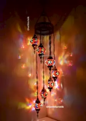 Türk Lambası 7 li mozaik camlı Tasarım avize, Türk Lambası Tavan Aydınlatması , Mozaik Lamba Askılı, Moracon Lamba, Türk Mozaik Tavan Avize Lambası I-S-C-5308