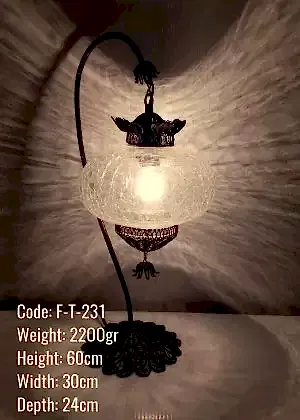 No5 Şefaf Çatlatılmış Cam Bakır El Emeği Telkari Masa Lambasi - F-T-231