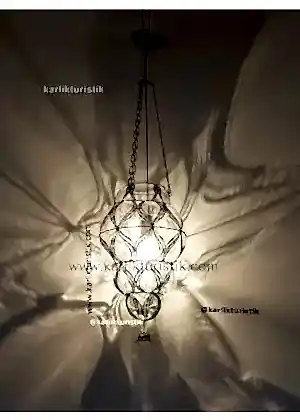 Benzersiz Asılı Lamba, Üfleme Cam Asılı Lamba, Bakır Telkari Lamba Üfleme Orta Boy, El Yapımı Lamba, Türk Lambası, Eski Lamba, Ev Aydınlatması, Otantik Lamba