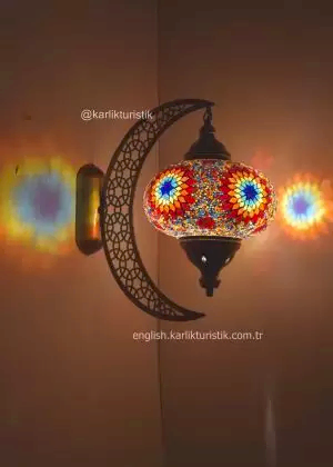 Büyük Boy Mozaik Aplik Lamba Hilal Dekoratif Duvar Otantik Aplik Yarım Ay