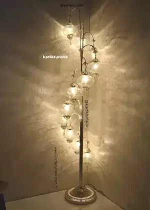 Türk Lambası Ayaklı 11 Küre Bakır Telkari Gümüş Kaplama Osmanlı Kırık Camlı, Türk Lambası Kırık Desenli,Türk Lambası Şeffaf Cam