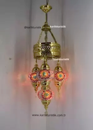 Mozaik Lamba Avize 4lü Altın Kaplama Sarkıt Rustik Tavan Lambası Renkli Osmanlı Avize I-S-C 5321