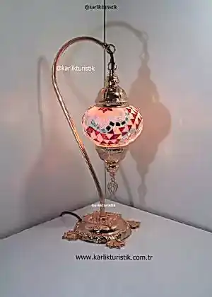 Mozaik Lamba Abajur Bakır Rengi, Kaplama ,Mozaik Masa Lambası Osmanlı Türk Mozaik Kuğuboynu Lamba Renkli