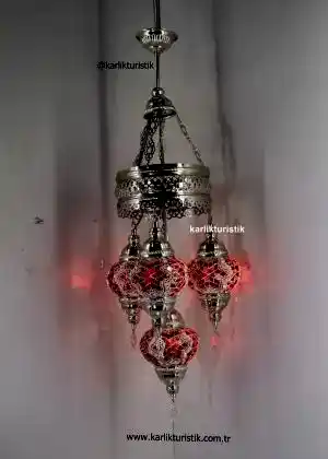 Mozaik Lamba Avize 4lü Gümüş Kaplama Sarkıt Rustik Tavan Lambası Renkli Osmanlı Avize I-S-C 5321