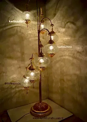 Lambader Şeffaf Cam Çatlatma Desen, Otantik Ayaklı Lamba 7 camlı, Osmanlı Tarzı Lambader  Altın Kaplama Özel Seri Telkari Bakır