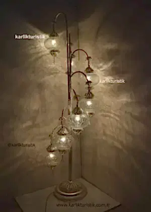Lambader Şeffaf Cam Çatlatma Desen, Otantik Ayaklı Lamba 7 camlı, Osmanlı Tarzı Lambader Gümüş Kaplama Özel Seri Telkari