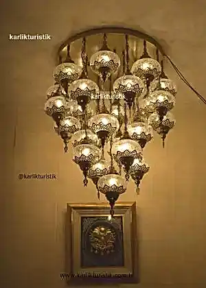 Otel Avizesi, Ev Avizesi, Dekoratif Restoran Lambası 25 li kısa osmanlı lamba, türk yapımı otantik aydınlatma şefaf çatlak camı lazerli