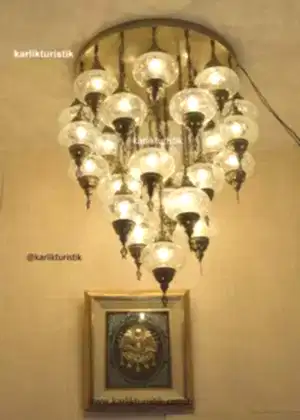 Otel Avizesi, Ev Avizesi, Dekoratif Restoran Lambası 25 li kısa osmanlı lamba, türk yapımı otantik aydınlatma şefaf çatlak camlı