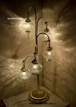 Lambader Şeffaf Cam Çatlatma Desen, Otantik Ayaklı Lamba 5 camlı, Osmanlı Tarzı Lambader Gümüş Kaplama Özel Seri Telkari