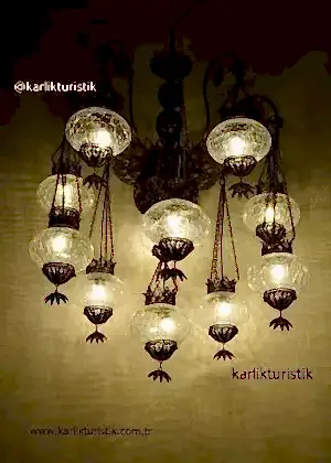 Hotel Avizesi Restorant İçin Lamba Telkari SANAT Bakır Malzeme Avize 10 kollu 11 li  Osmanlı Şefaf Çatlak Camlı antik sarkıt lamba