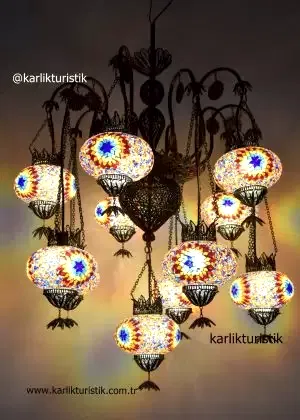 Hotel Avizesi Restorant İçin Lamba Telkari SANAT Bakır Malzeme Avize 11 lu ortası mozaik antik sarkıt lamba, Mozaik asılı Lamba benzersiz özel kollu Lamba