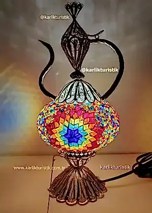 İbrik şeklinde lamba aydınlatma armatürü telkari  sanat bakır mozaik masa lambası Osmanlı  lambası - F-T-205 GÜMÜŞ KAPLAMALI