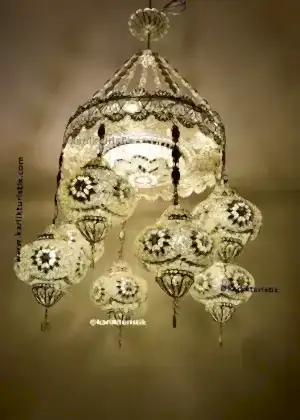 Ev Sarkıt Lambaları  Otel Avize Aydınlatma 8 mozaik cam Türk ışığı Bakır Telkari sanatı Gümüş Kaplama Beyaz Camlı Avize