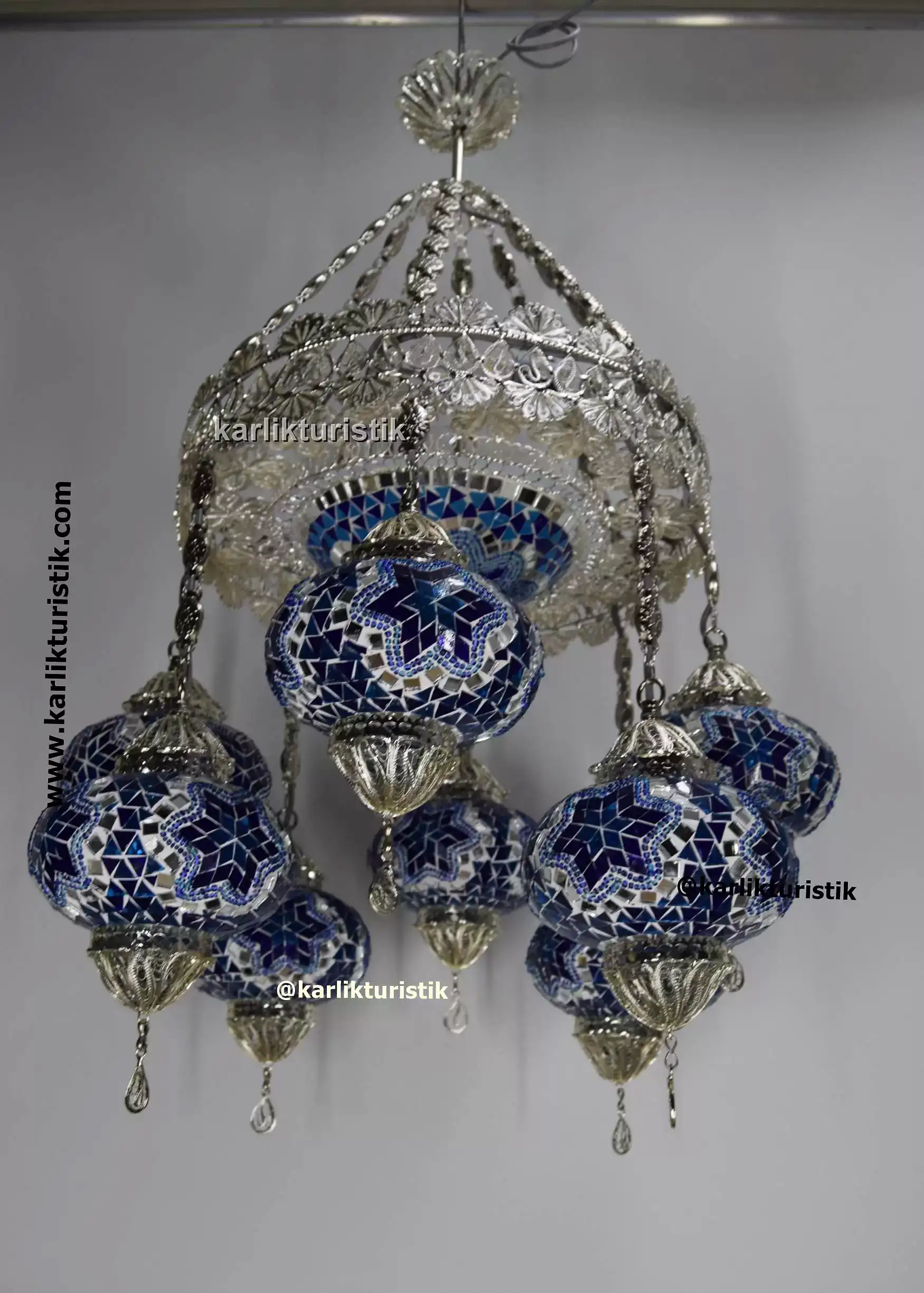 ev avizesi mozaik camlı sarkıt lamba gümüş kaplama bakır telkari avize 5