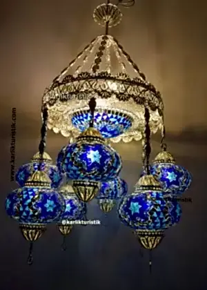 Ev Sarkıt Lambaları  Otel Avize Aydınlatma 8 mozaik cam Türk ışığı Bakır Telkari sanatı Gümüş Kaplama Mavi Camlı Avize