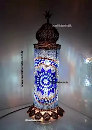 el işi mozaik lamba silindir ,kız kulesi şeklinde lamba ,galata kulesi lambader el işi bakır telkari köşe lambası large
