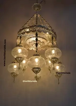 aydınlatma avizeleri dekoraitf özel şık hotel  avizeleri 8 camlı türk otantik lambalar bakır el işi tekari gümüş kaplama